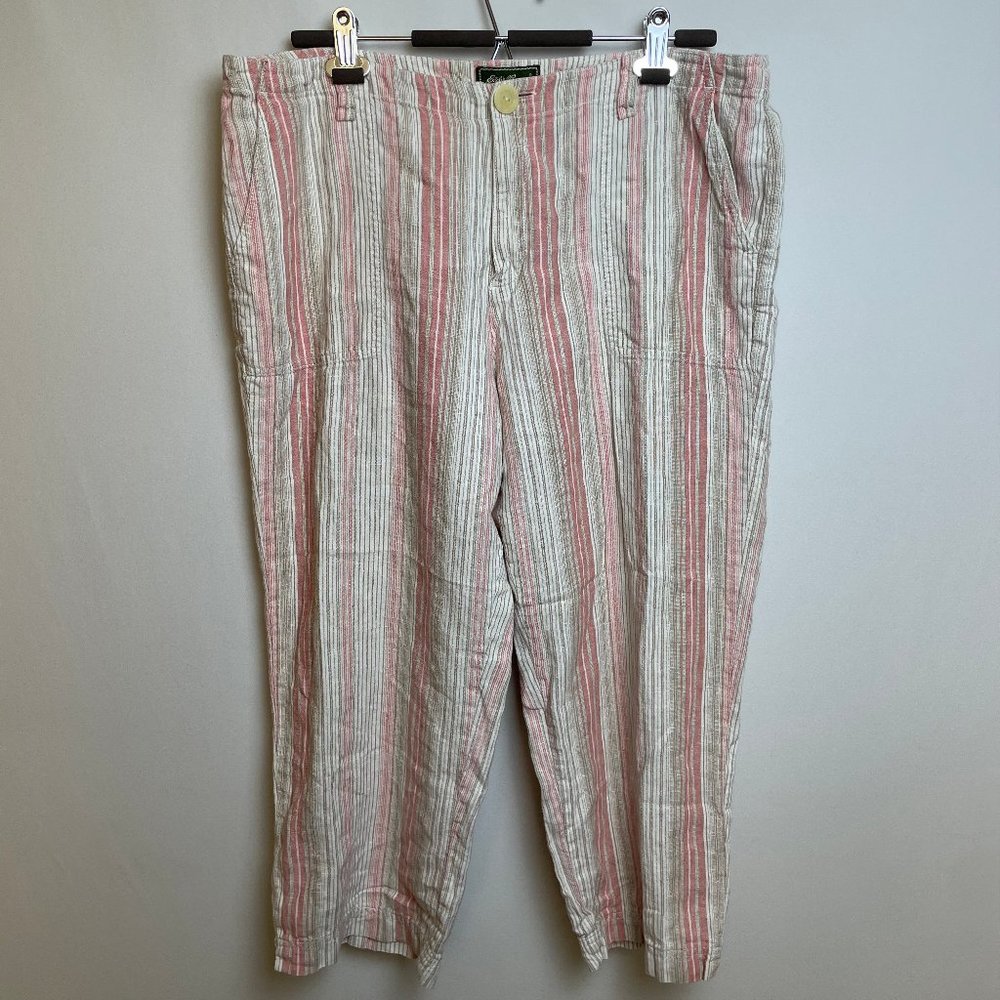 Eddie Bauer Womens 100% Linen Cropped Pants Size 16 Striped Pink High Rise